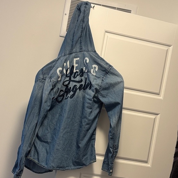 Guess Blue Denim Hooded Shirt Sz S - Picture 3 of 13